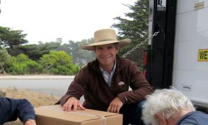 Joe Morris delivers boxes of Morris Grassfed Beef at Lake Merced in San Francisco.